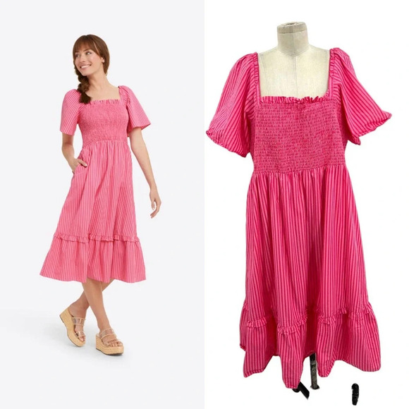 Draper James‎ Deana Smocked Dress in Pink Stripe Size XXL - Picture 1 of 8